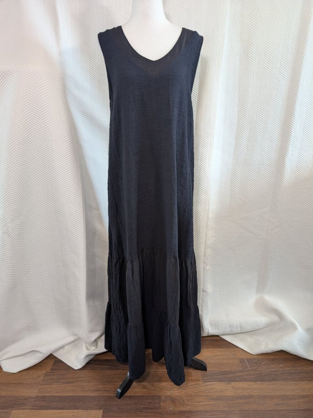 Francesca Bettini 100% Linen V‑Neck Tiered Midi Dress Dark Navy Size Small Boho - Picture 2 of 12